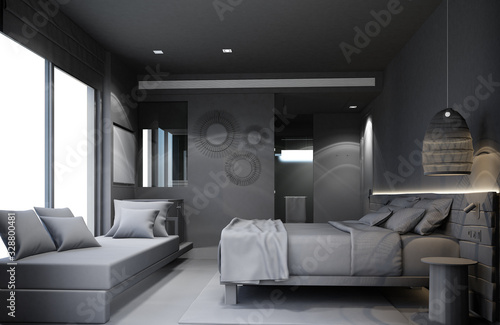 Bedroom Tropical Asian style with wooden and concrete wall 3d rendering