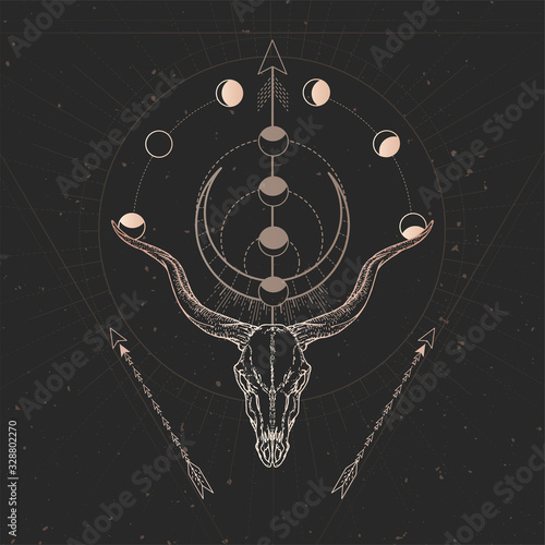 Vector illustration with hand drawn Antelope skull and Sacred geometric symbol on black vintage background. Abstract mystic sign.