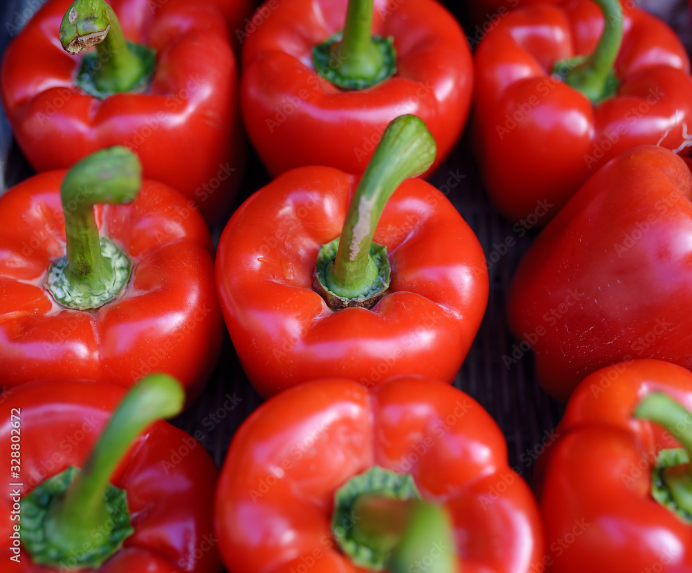 Fresh healthy bio red paprika in Monaco supermarket. Background.