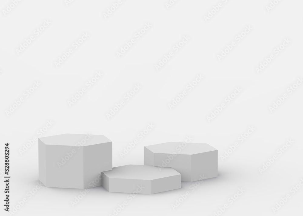 3d white gray hexagon podium minimal studio background. Abstract 3d geometric shape object illustration render. Display for cosmetics and beauty fashion product. 3d white gray hexagon podium minimal studio background. Abstract 3d geometric shape object illustration render. Display for cosmetics and beauty fashion product.