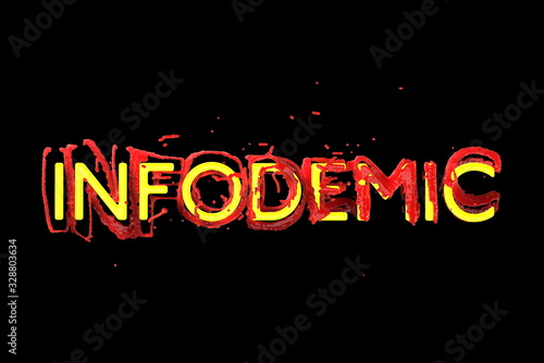 Infodemia lettering concept about pandemia and false information with coronavirus covid-19. 3d illustration isolated on black background
