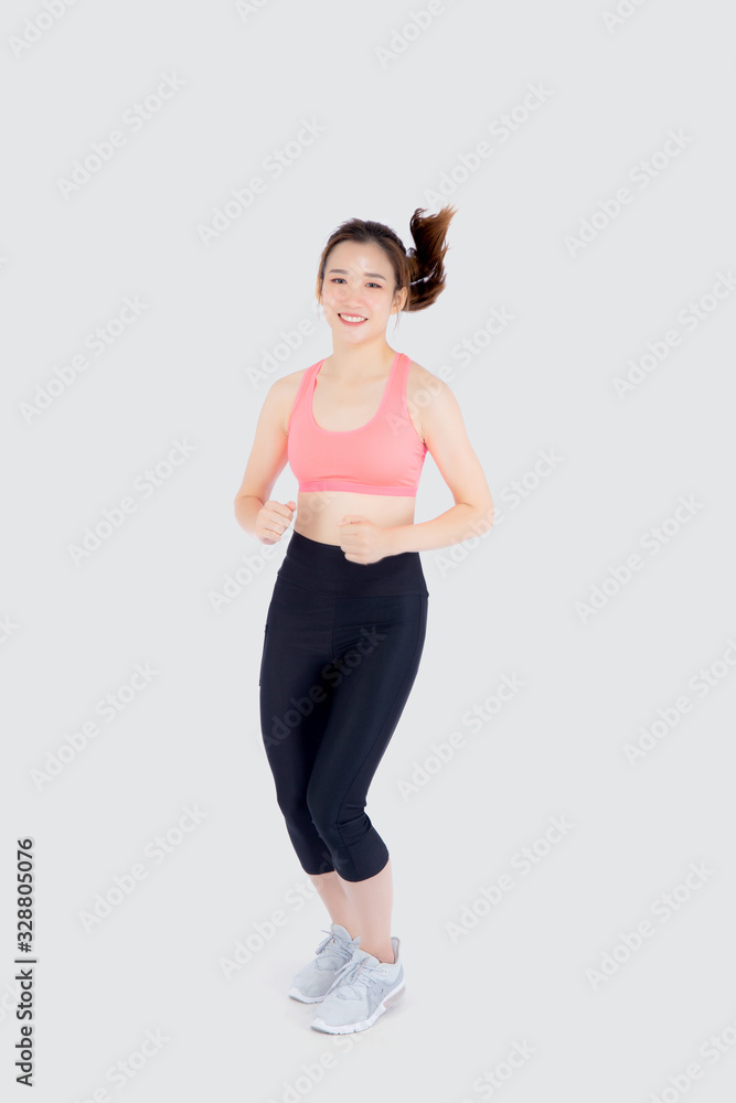 Beautiful young asian woman happy and smiling jogging isolated on white background, asia girl cheerful in sport is activity exercise cardio and workout with running for healthy, health concept. Beautiful young asian woman happy and smiling jogging isolated on white background, asia girl cheerful in sport is activity exercise cardio and workout with running for healthy, health concept.