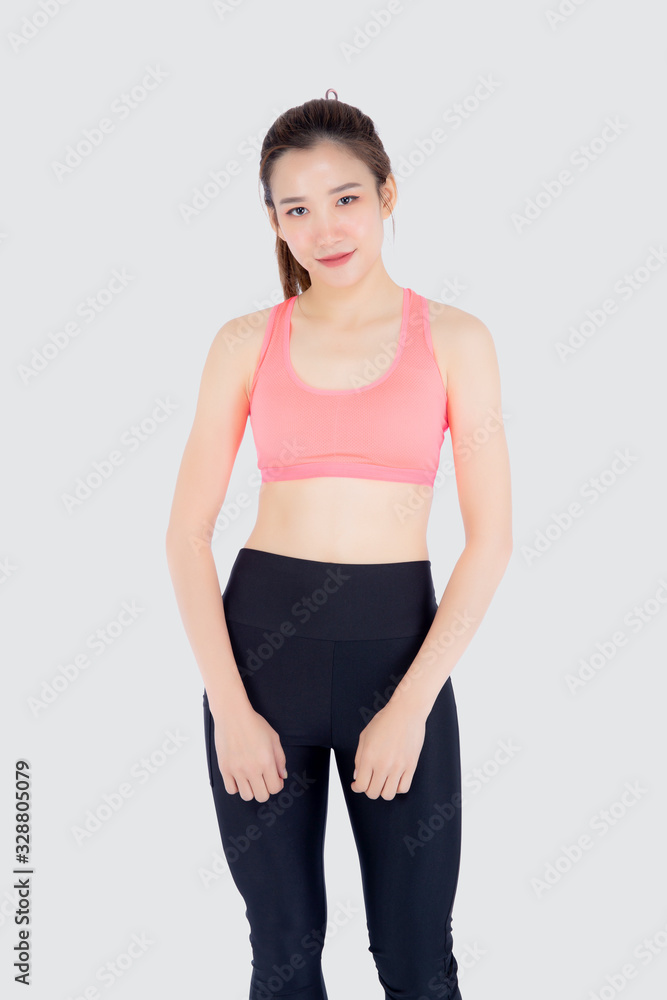 Beautiful portrait young asian woman in sport clothes with satisfied and confident isolated on white background, asia girl cheerful have shape and wellness, exercise for fit with health concept. Beautiful portrait young asian woman in sport clothes with satisfied and confident isolated on white background, asia girl cheerful have shape and wellness, exercise for fit with health concept.