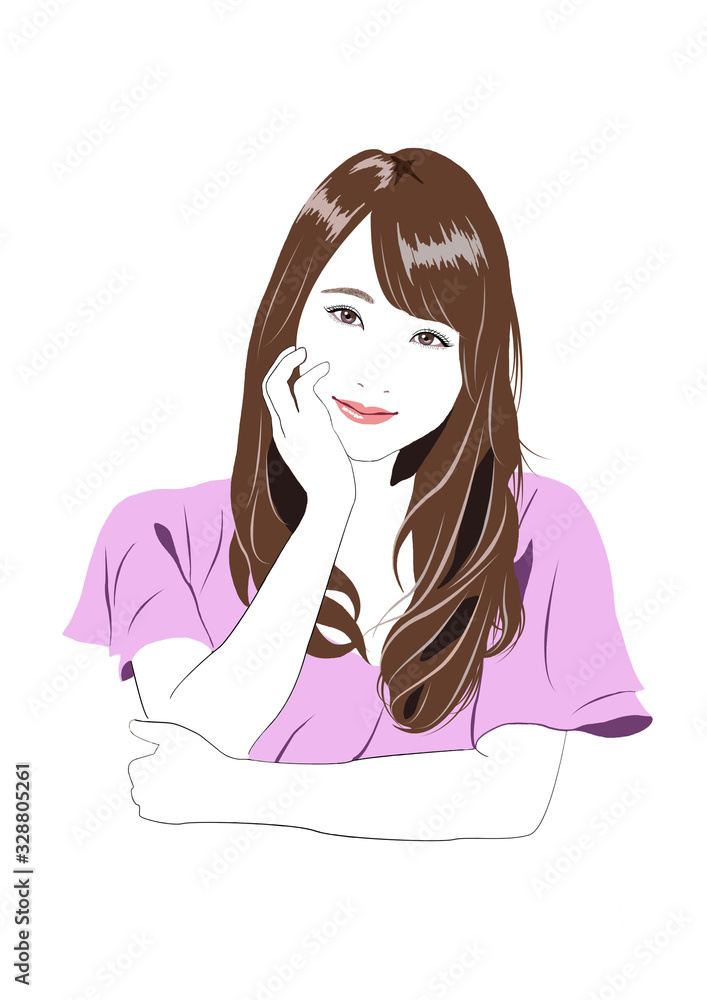 頬杖をついて微笑む長い髪の女性 頬杖をついて微笑む長い髪の女性