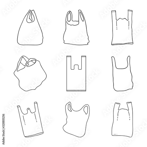 Set vector of sketch plastic bags thin line isolated on a white background. Design outline style icons collection. Rubbish illustration.