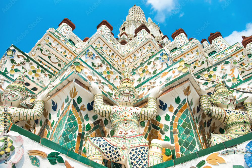 Decorative elements on facade of Wat Arun - Temple of Dawn in Bangkok, Thailand