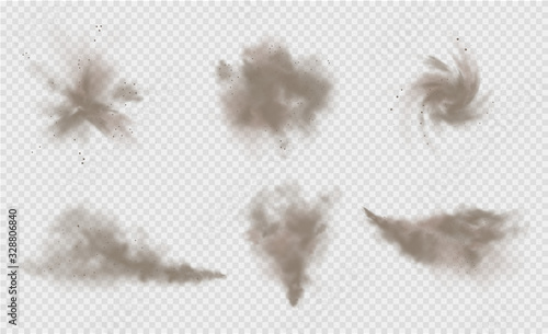Dust cloud, sand storm, powder spray on transparent background. Desert wind with cloud of dust and sand. Realistic vector illustration.