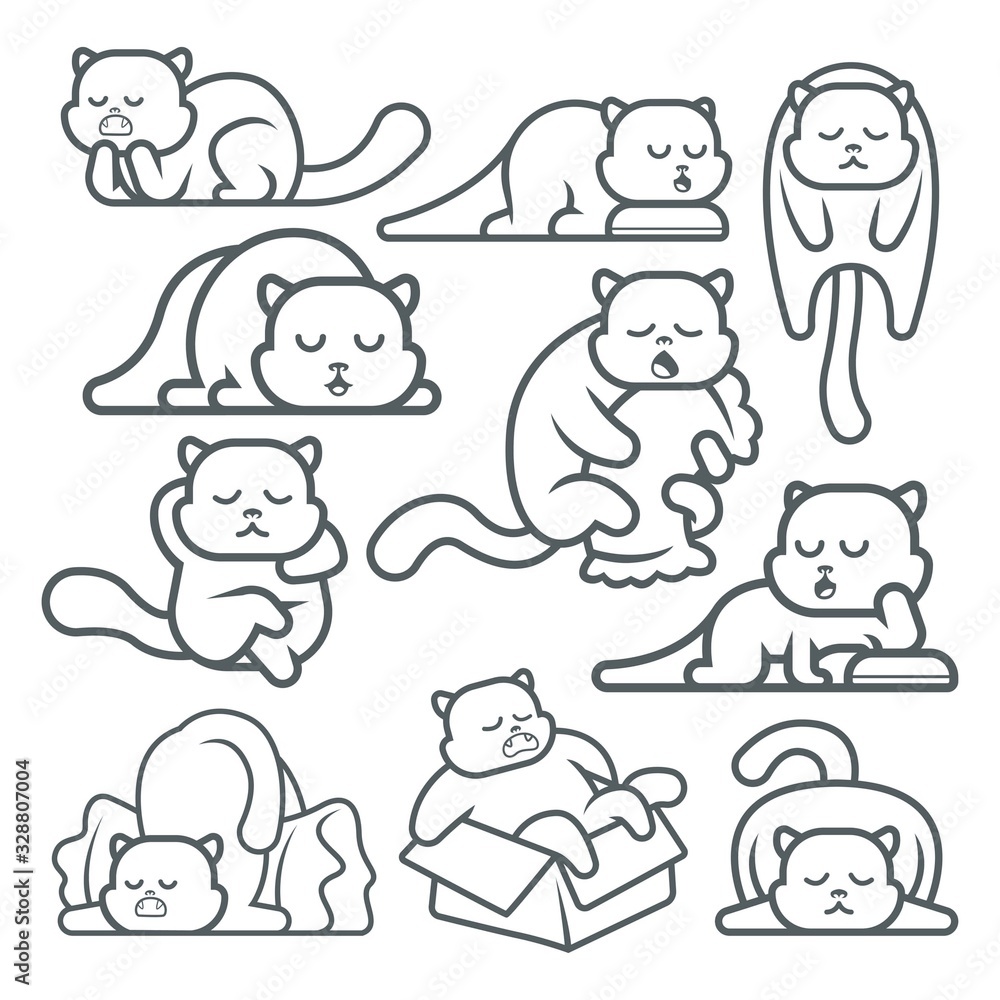 Cute Cartoon Vector Sleepy Cat Pet Icons. can be used for coloring book