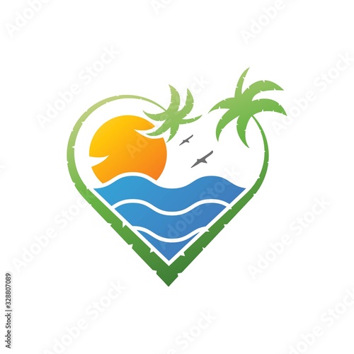 Love beach logo with palm tree and sun