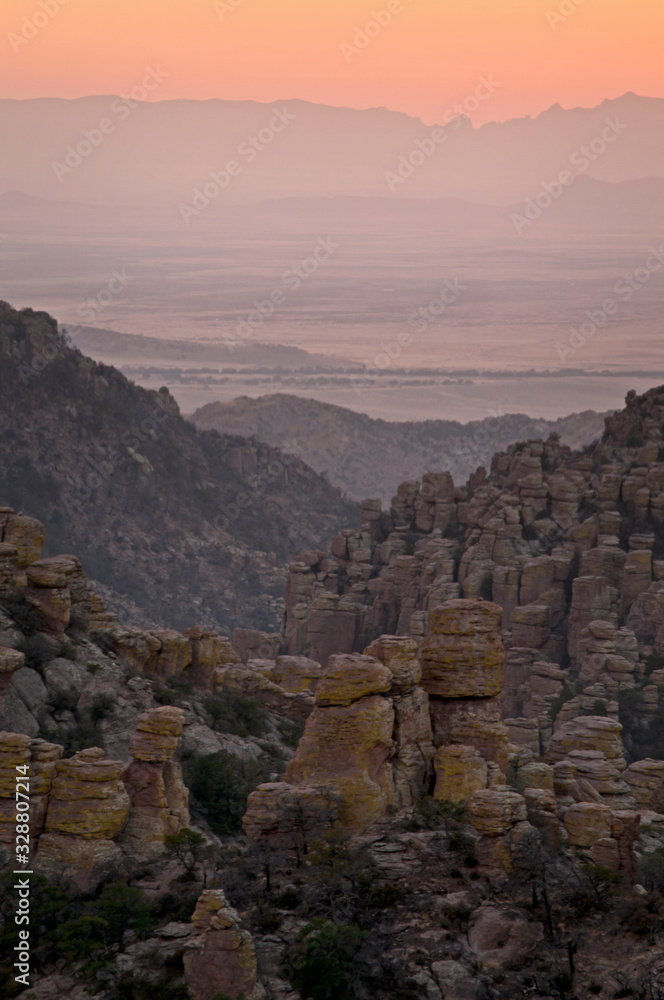  Sunset light on the rock formations of Chiricahua National Monument, viewed from Massai Point.