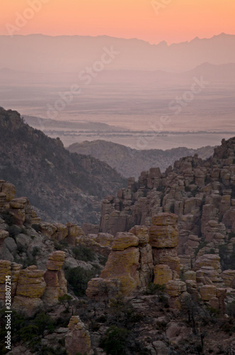  Sunset light on the rock formations of Chiricahua National Monument, viewed from Massai Point.