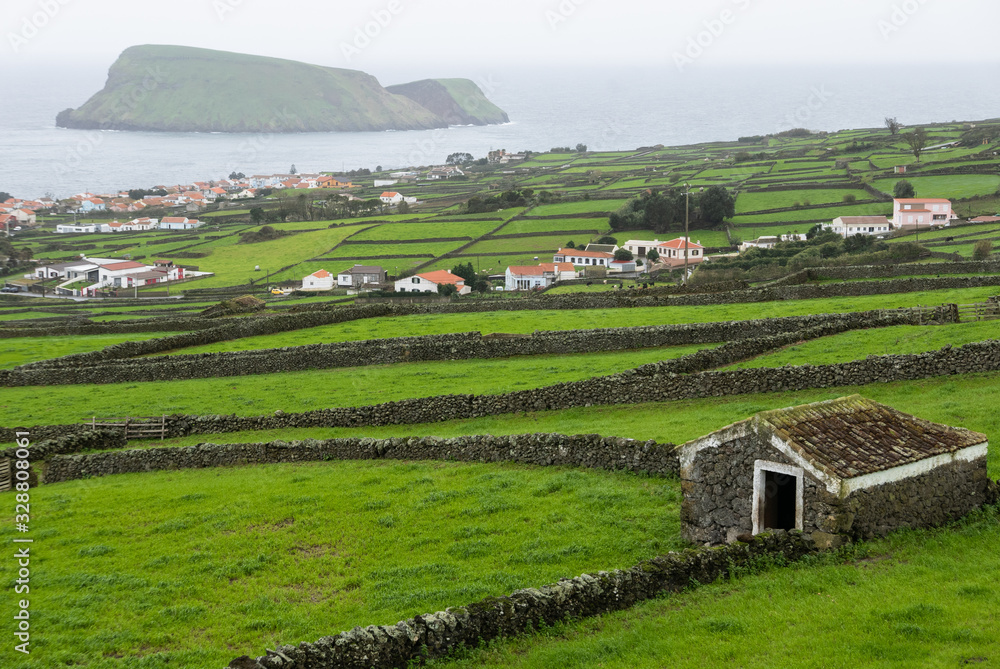 Φωτογραφία Tercera Island, Portugal with scenic view of green pasture land with rock fences