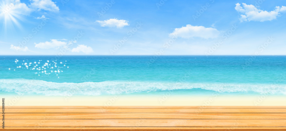 Summer Vacation and Travel Holiday Concept : Wooden table with blurred beautiful seascape view and blue sky in background.