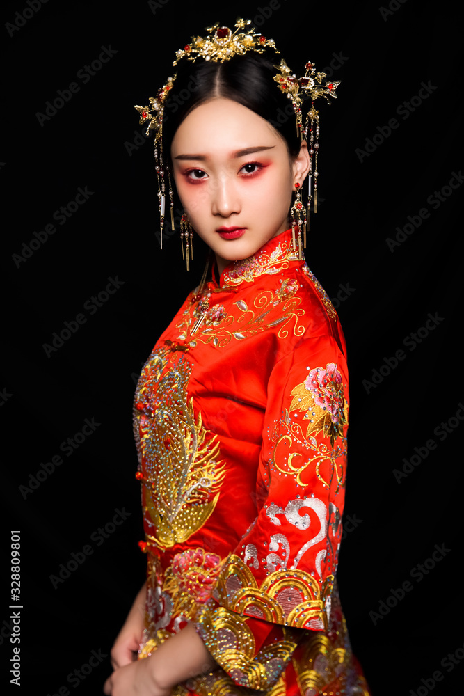 Asian ancient woman dress up in black background