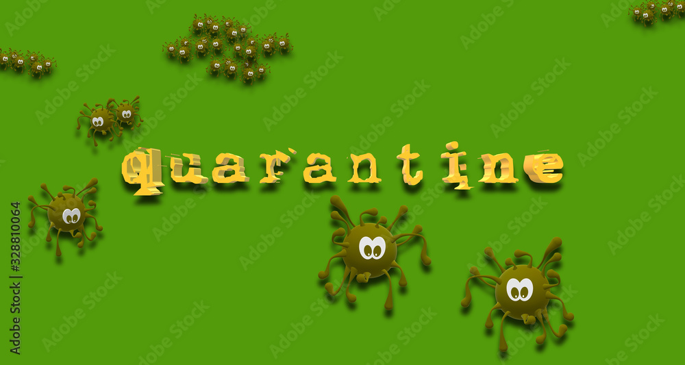 Quarantine. Covid-19. Coronavirus worldwide outbreak. International public health emergency. 3D Illustration with the simulated virus graphic in green drawing. Global Pandemic. Quarantine. Covid-19. Coronavirus worldwide outbreak. International public health emergency. 3D Illustration with the simulated virus graphic in green drawing. Global Pandemic.