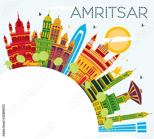 Amritsar India City Skyline with Color Buildings, Blue Sky and Copy Space.