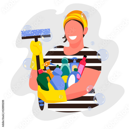 cleaning woman. a set of detergents. vector image of a man with a cleaning brush