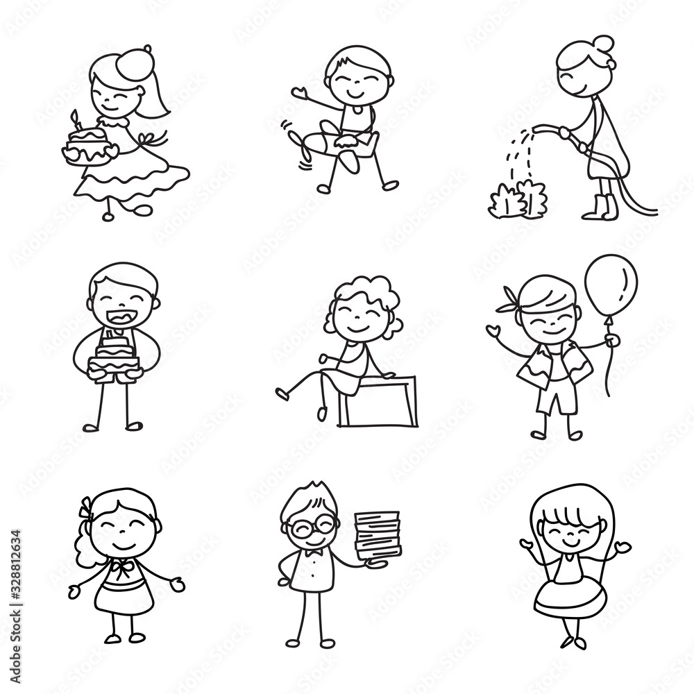 Set of hand drawing doodle happy kids cartoon character abstract people match stick style Set of hand drawing doodle happy kids cartoon character abstract people match stick style