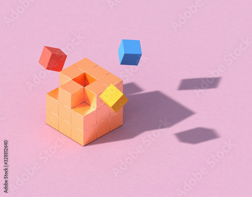 3d rendering geometry cubes minimal concept, pink color background for product or perfume