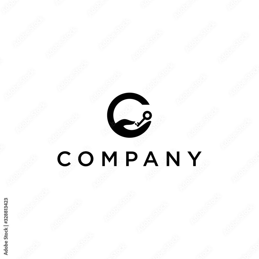 Initial C logo Design and Hand Vector with Key Illustration