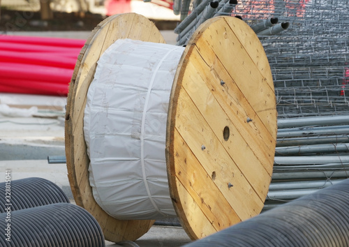 wire electric cable with wooden coil of electric cable