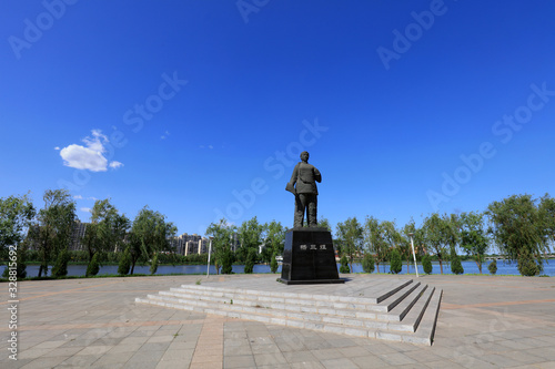 Ancient Chinese figure sculptures are in parks, Luannan County, Hebei Province, China
