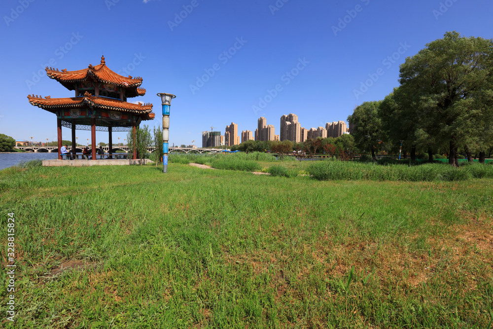 Architectural scenery of the pavilion in the park, Luannan County, Hebei Province, China