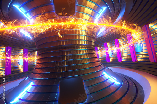 3D Render fusion reactor nuclear fusion, tokamak inside heated plasma, toroidal shape, clean energy. Copy space photo
