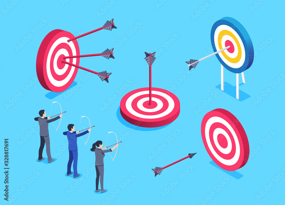 isometric vector image on a blue background, a set of targets and arrows as well as people with a bow, achieving a goal in business isometric vector image on a blue background, a set of targets and arrows as well as people with a bow, achieving a goal in business