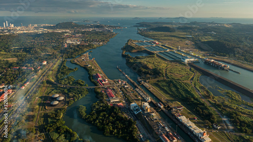 Beautiful aerial view of the Beautiful aerial view of the Panama Channel on the Sunset © Gian