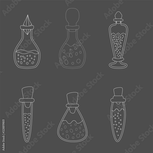 Potion bottle set of isolated magic glass tube images on black background. Hand drawn style. Vector illustration.