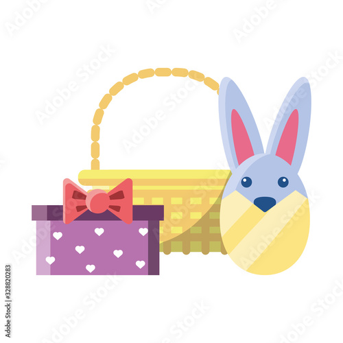 cute rabbit in basket on white background