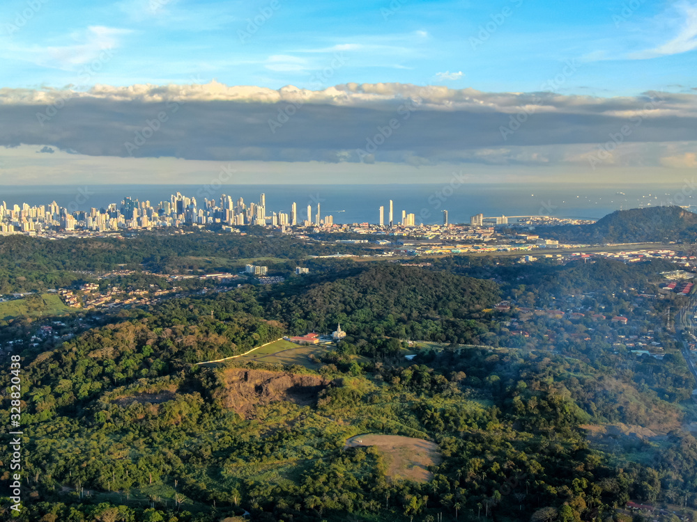 Beautiful aerial view of the Beautiful aerial view of the Panama Channel on the Sunset