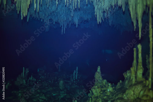 underwater cave stalactites landscape, cave diving, yucatan mexico, view in cenote under water © kichigin19