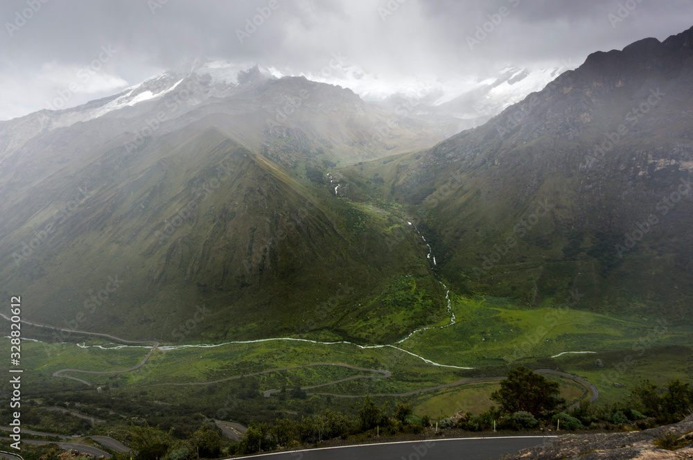 Panoramic view of an Andean Valley with roadways at sunset in Peru Panoramic view of an Andean Valley with roadways at sunset in Peru