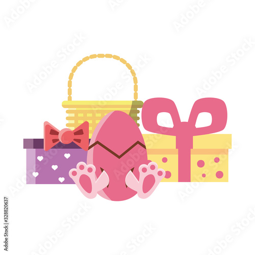 easter egg with basket and gifts on white background
