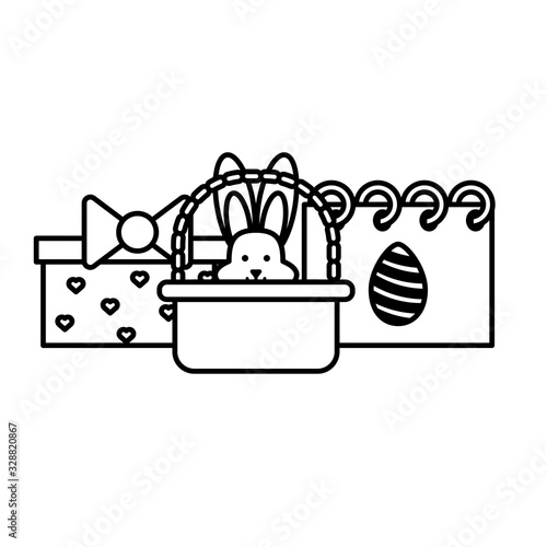 cute rabbit in basket on white background