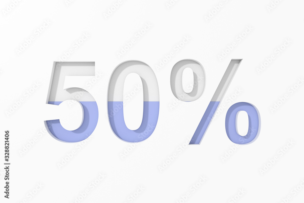 Fifty percent text design. 3D rendering. Fifty percent text design. 3D rendering.