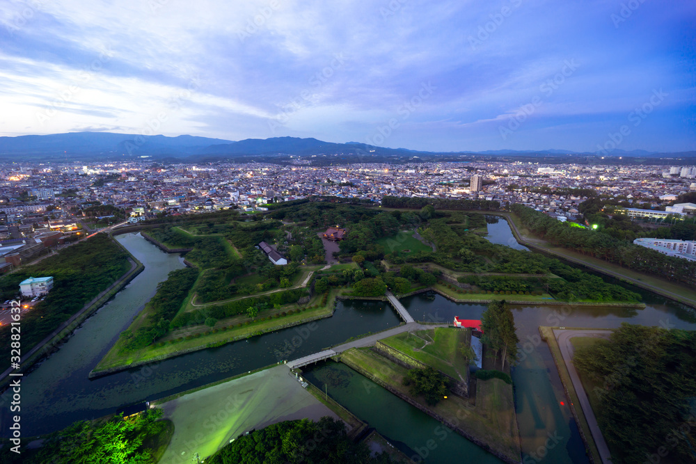 Goryokaku park from observation tower. Hakodate, Hokkaido, Japan.