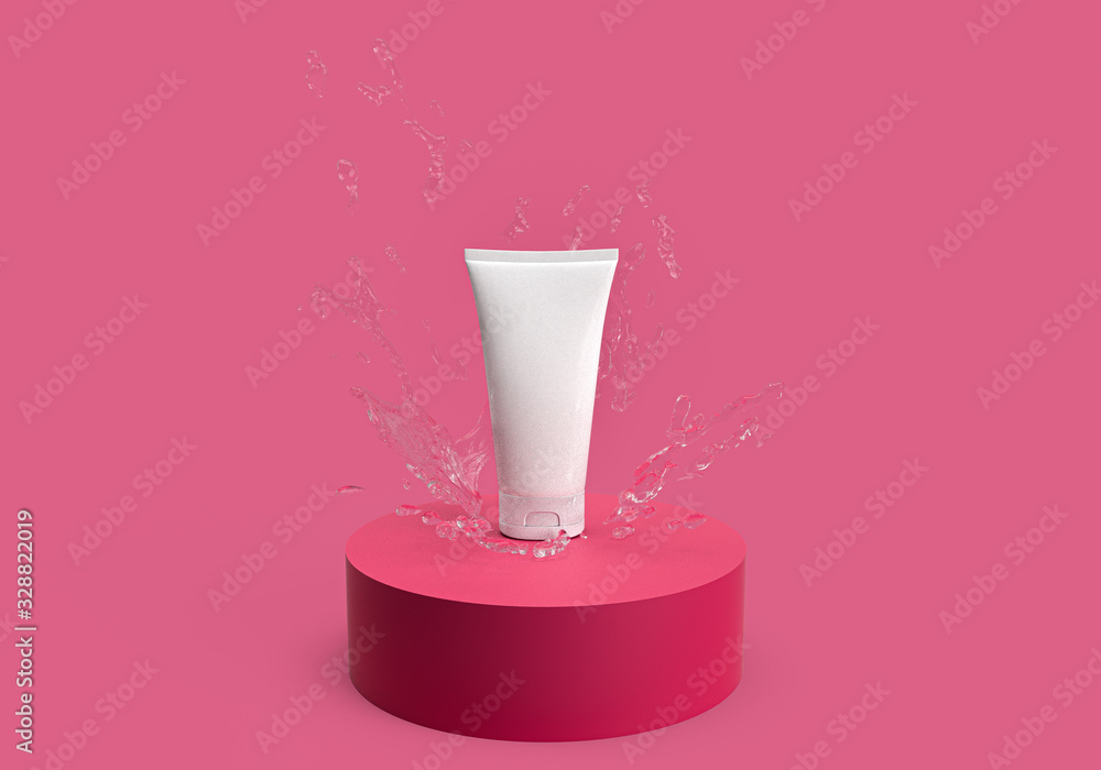 3d rendering of mock up product with water splash put on cylinder, 3d minimal concept for advertisement or business pink background 3d rendering of mock up product with water splash put on cylinder, 3d minimal concept for advertisement or business pink background