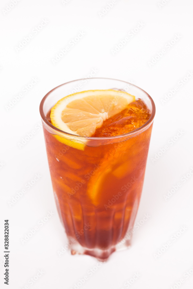 Ice black tea with lemon slice isolated on white background Ice black tea with lemon slice isolated on white background