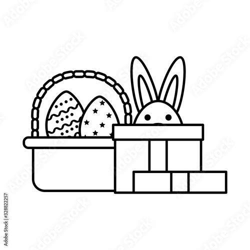 cute rabbit in basket on white background