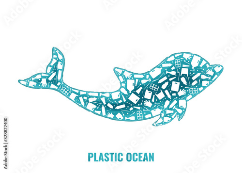 Plastic trash planet pollution concept vector illustration. Dolphin marine mammal outline filled with plastic waste flat icon. Zero waste concept, microplastic pollution problem graphic.