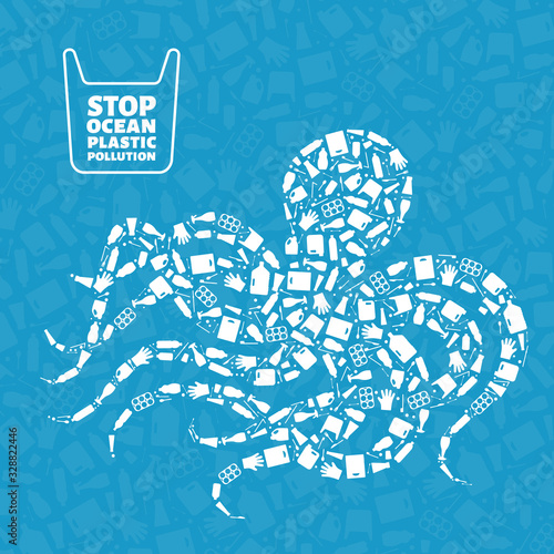 Plastic waste ocean environment problem concept vector illustration. Octopus marine mollusc outline filled with plastic trash flat icons. Sustainable lifestyle graphic, zero waste concept.