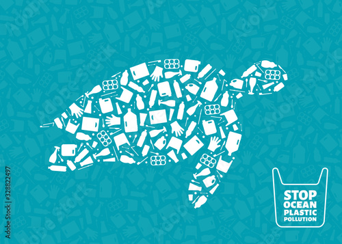 Plastic waste ocean environment problem concept vector illustration. Turtle marine reptile outline filled with plastic trash flat icons. Sustainable lifestyle graphic, environmental protection concept