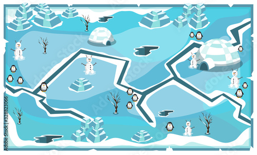Map Frozen Snow Freeze Landscape Theme with Penguins, snow house, snowman and ice blocks for Vector Illustration Design Ideas