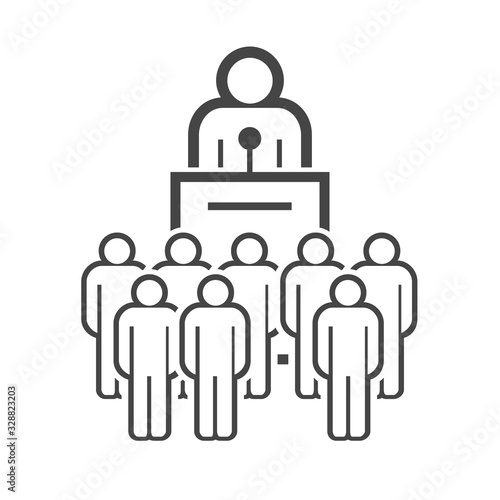 Orator speaking from tribune. Public speaker. People crowd, electorate, audience. Vector line icon isolated on white