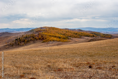 Steppe hills with brown grass and yellow forest. Many levels of hills in the distance. There are clouds in the sky.