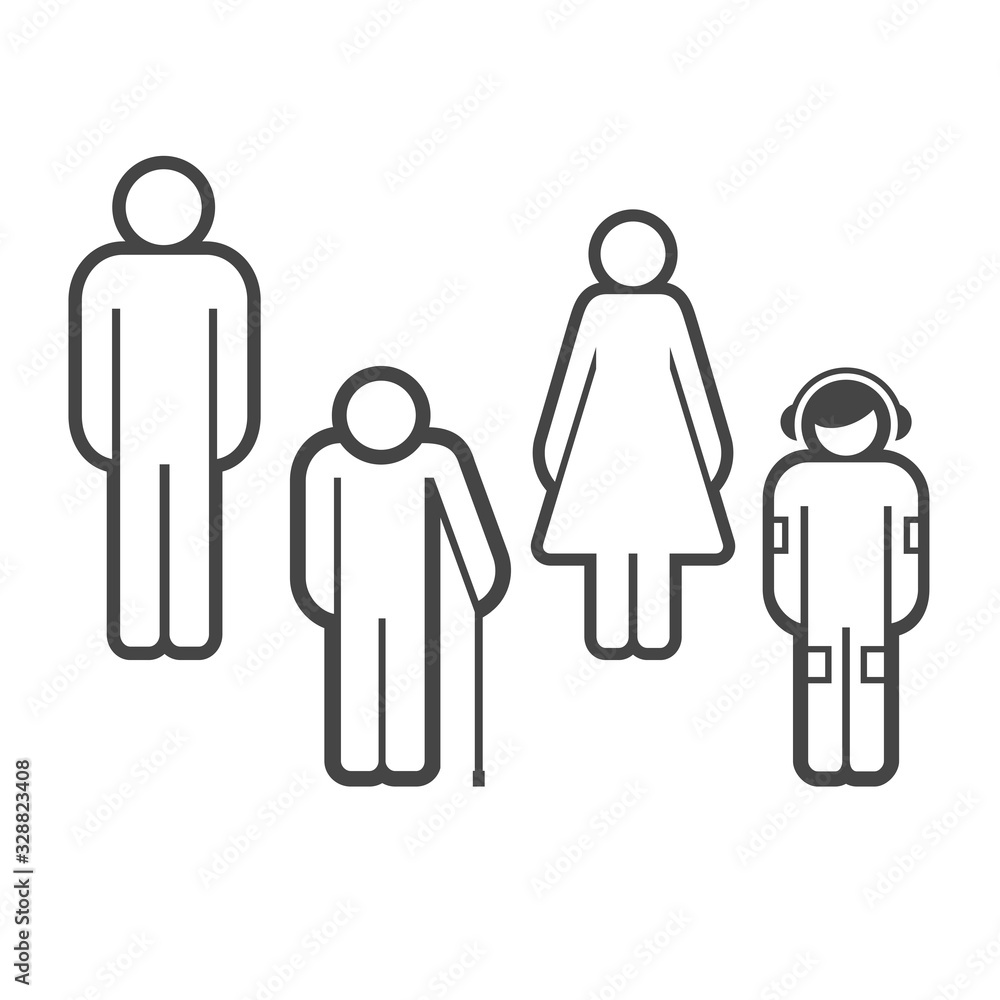 Different age people vector icon set. Adult man, old man, adult woman, teenager. Family concept Different age people vector icon set. Adult man, old man, adult woman, teenager. Family concept