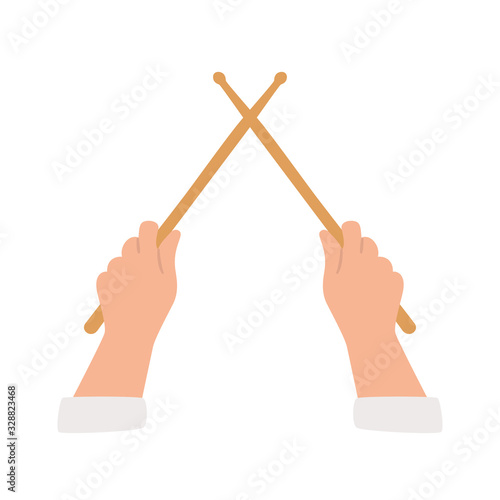 Hand holding drum stick. Crossed wooden drumsticks. Isolated on white background. Top view. Vector llustration in flat and cartoon style